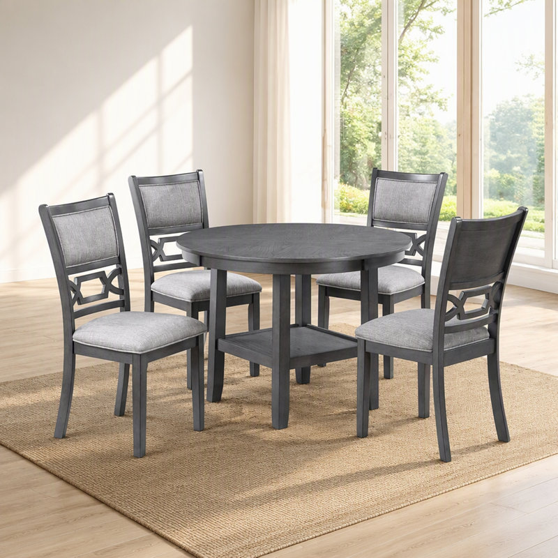 Ensemble de salle à manger gris 5 pièces avec table ronde (avec tablette) et 4 chaises, style contemporain moderne