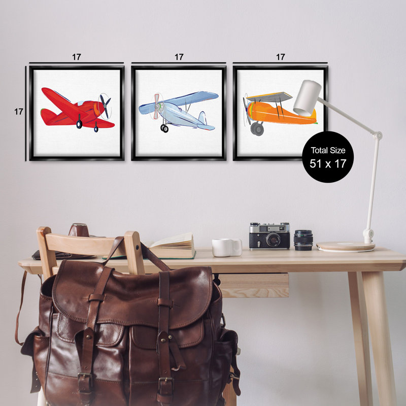 «Triple Colorful Airplanes Dessin», ensemble de 3 toiles flottantes encadrées noires par Sweet Pea Studio, H 18 po x l 18 po