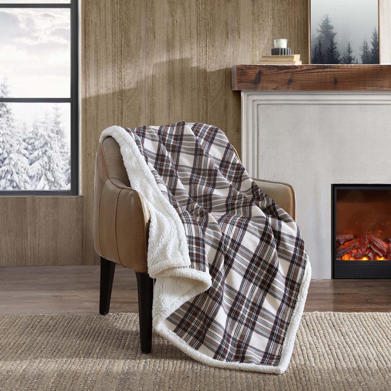 Eddie Bauer Edgewood Plaid Flannel/Sherpa Throw Blankets, Khaki