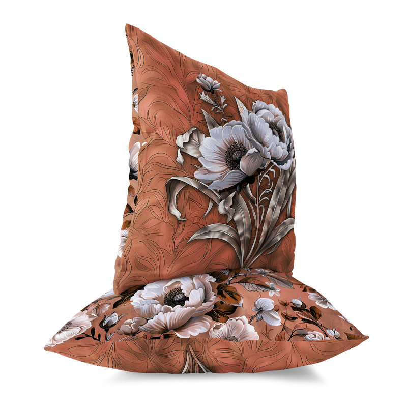 Coussin décoratif intérieur / extérieur Peony, Orange/crème, H 18 po x l 18 po