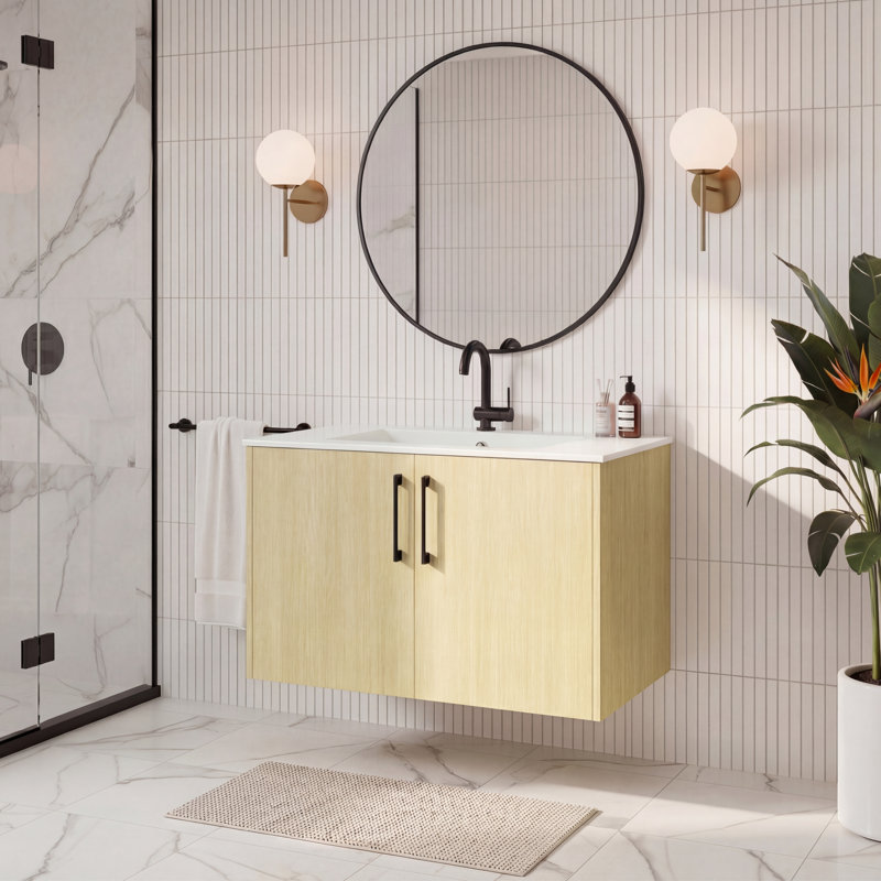 Ensemble de meuble-lavabo mural moderne de 30 po Bekka - poignées Lago / noires, 30", Lago, Noir mat
