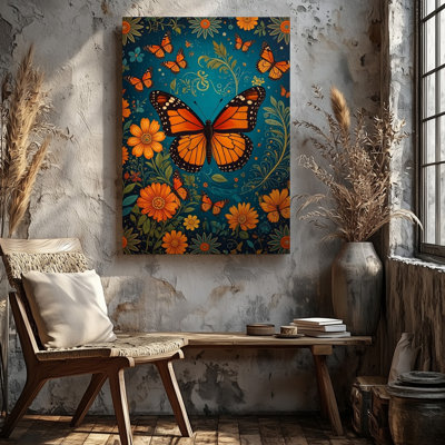A Vibrant Composition Featuring Monarch Butterflies Canvas In A Stylized Floral Background The Wall Art Premium Quality Ready To Hang