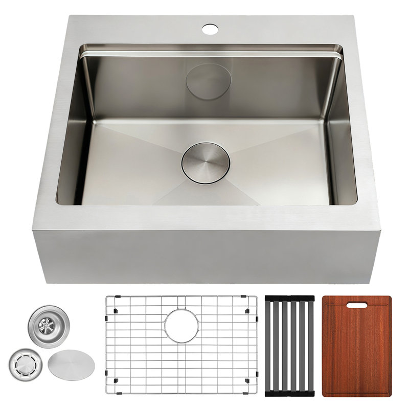 26" L x 22" W Workstation Farmhouse Apron Front Kitchen Sink 16 Gauge Stainless Steel Single Bowl With Accessories