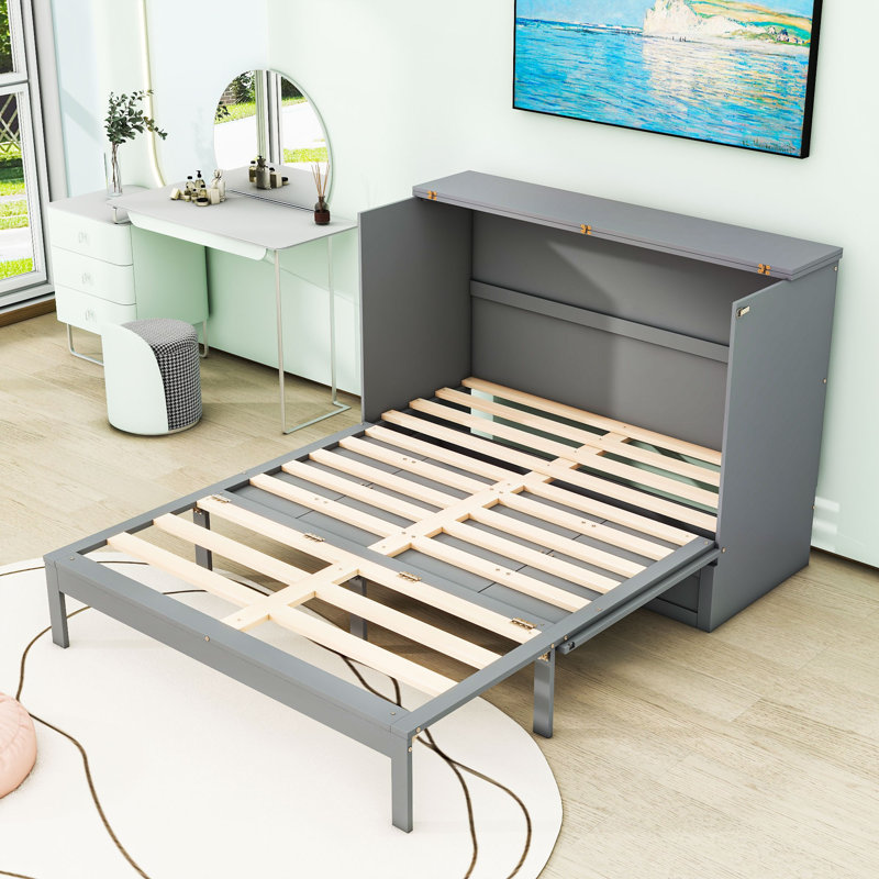  Lit escamotable en bois Ceionna avec grands tiroirs et port USB, gris
