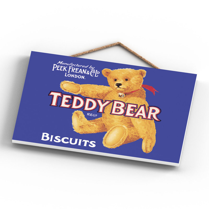 Teddy Bear Biscuits Vintage Retro Poster Design On Wooden Plaque