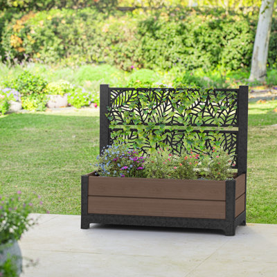 Keter Tulip 43.2 Inch Low Screen Rectangular Large Wood Look Planter for Indoor or Outdoor Flower Pot, Brown