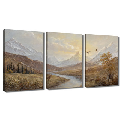 Canvas Wall Art Vintage Mountain River Deer Eagle Autumn Scenery Oil Print for Living Room Office