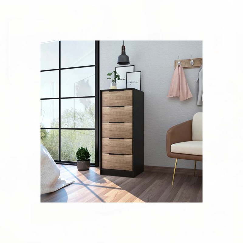 Commode verticale 5 tiroirs Kaia - Noir / pin