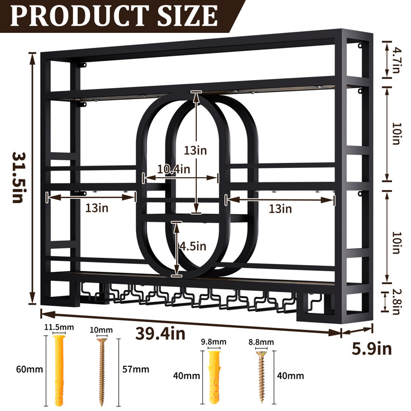 3-Tiers Wine Rack Wall Mounted With LED Light, 20 Wine Bottles, 31.5" H x 39.5" W x 5.9" D