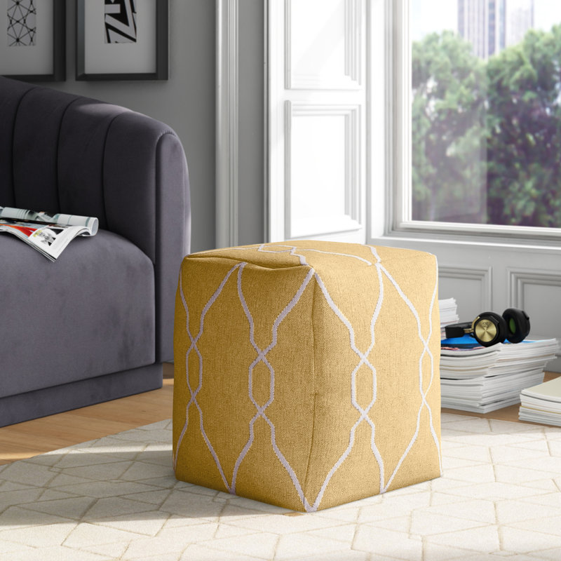 Upholstered Pouf, Golden Yellow / Ivory