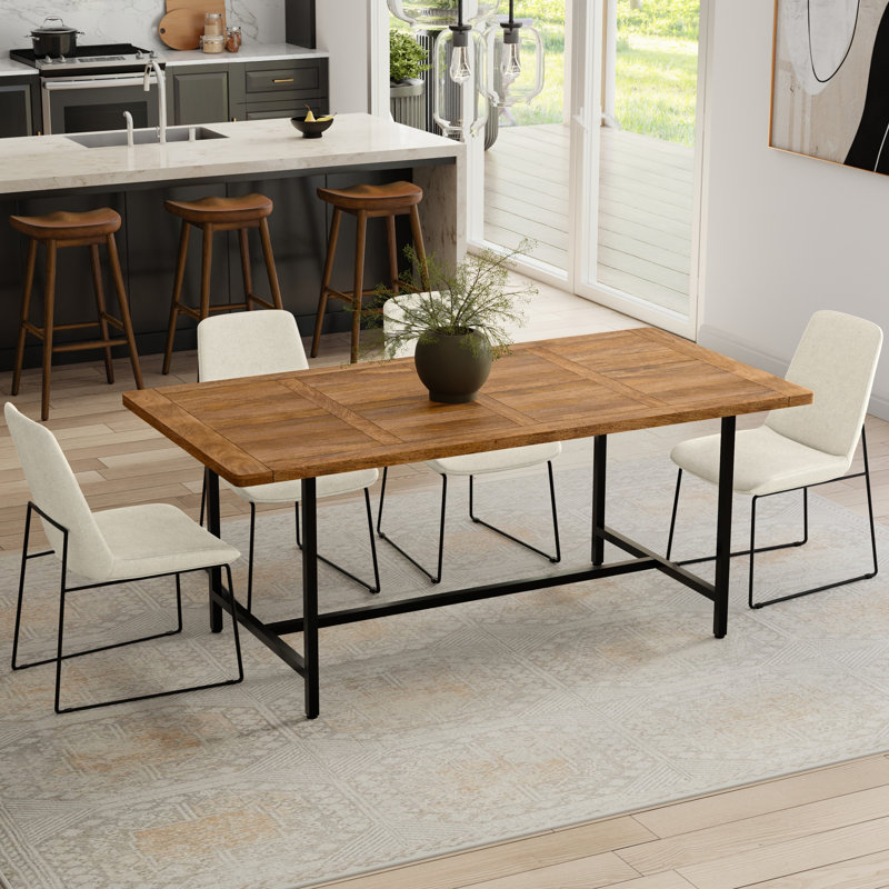 Campbell 72"W Mango Wood Industrial Dining Table, Powder-Coated Metal Base, Rectangle, Burnt Wax