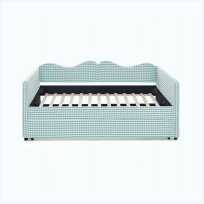Lit de jour double en vichy avec gigogne gigogne et poche de rangement, structure en bois massif, cyan