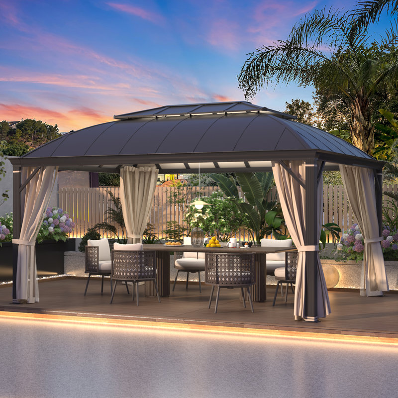 Pavillon de jardin en aluminium avec toit à double arche, rideaux et filet - Extérieur permanent pour patio, pelouse et jardin