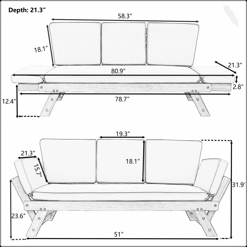 Outdoor Adjustable Patio Wooden Daybed Sofa Chaise Lounge With Comfortable Cushions For Small Spaces