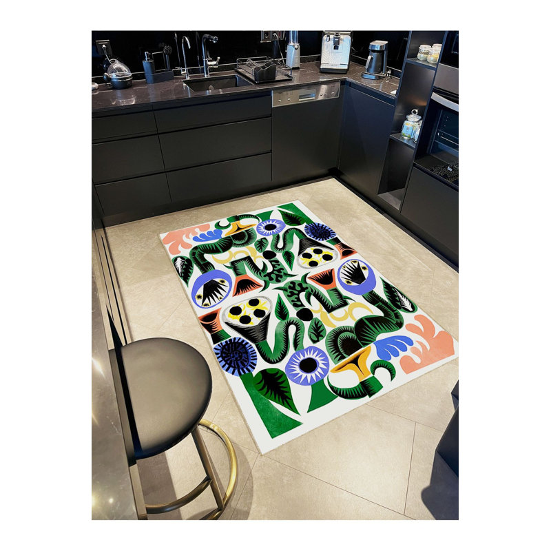 Tapis décoratif multicolore à motif abstrait de formes tissées et lavable à la machine, Rectangle 3 pi 11 po x 5 pi 11 po