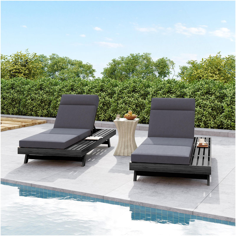 Ensemble de méridienne avec repose-tête, espace disponible sur un côté, bois d'acacia noir avec coussins de salon résistants à l'eau (gris foncé et 3 fois et 4 pouces) - version crème / beige assortie disponible