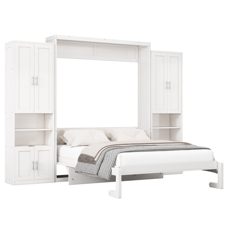  Grand lit escamotable, ensemble de bureau, 2 tablettes latérales, lit escamotable mural, blanc, Grand