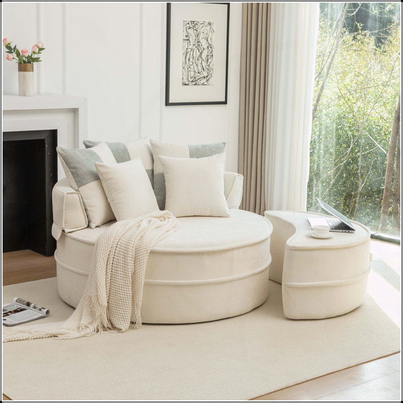 Oversized Round Accent Barrel Chair with 5 Pillows, Beige