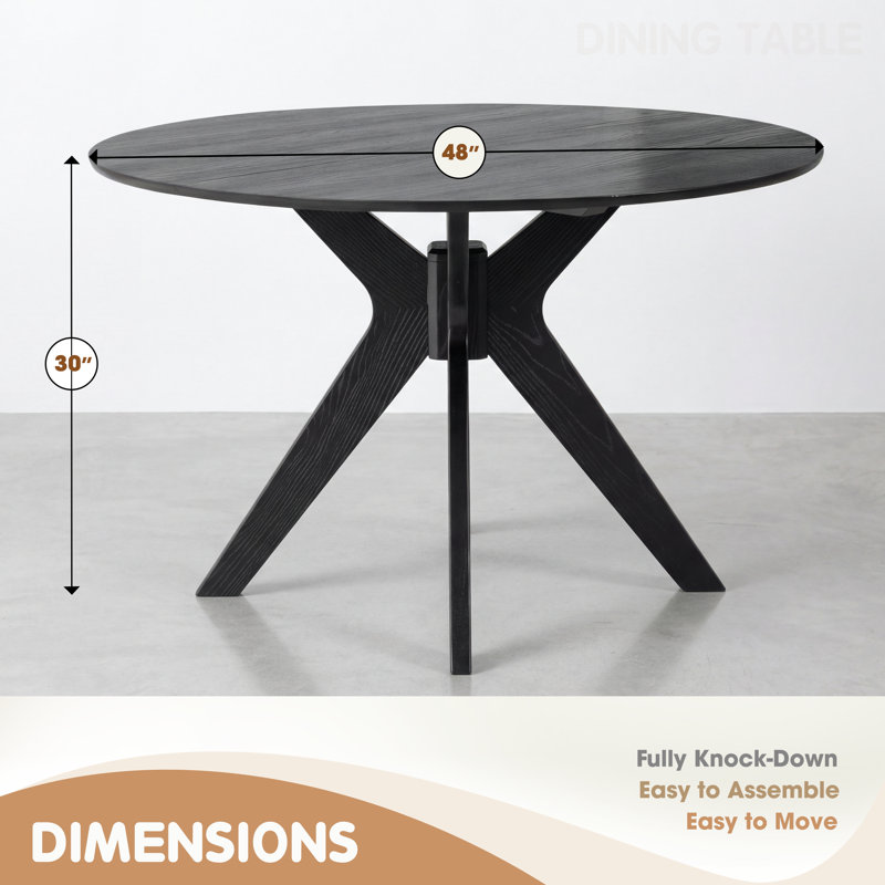 Xavion Mid-Century Solid Wood 48'' Round Dining Table, XVT-48, with Sculpted Splayed Leg Base, Ebony Black, Ebony Black