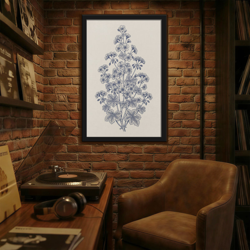Plantes et fleurs, motif floral bleu sur toile crème, H 18 po x l 12 po