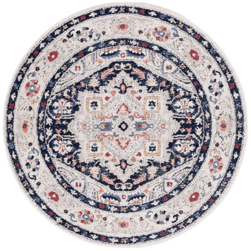 Tapis oriental en polypropylène tissé à la machine en beige / bleu marine, Rond 6 pi 7 po