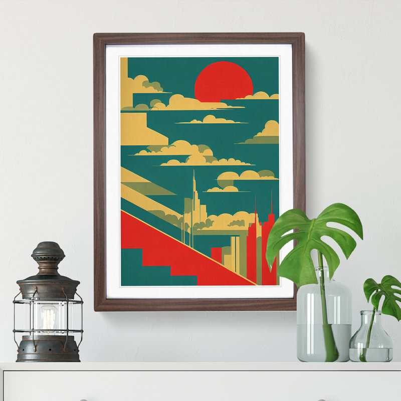 City Skyline Retro Art No.5 - Wall Art, 66cm H x 48cm W x 2cm D, Walnut Framed, White