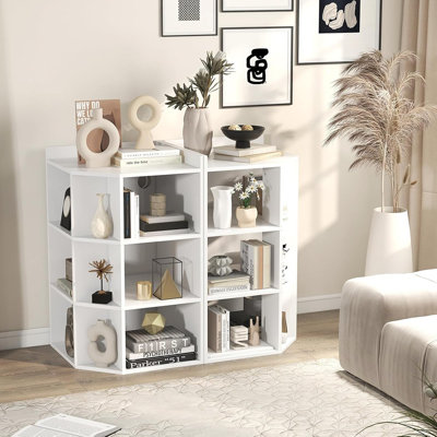 Armoire d'angle blanche avec 3 niveaux et station de charge - Bibliothèque à 9 casiers avec 2 ports USB et 4 prises, organisateur de rangement compact pour la maison