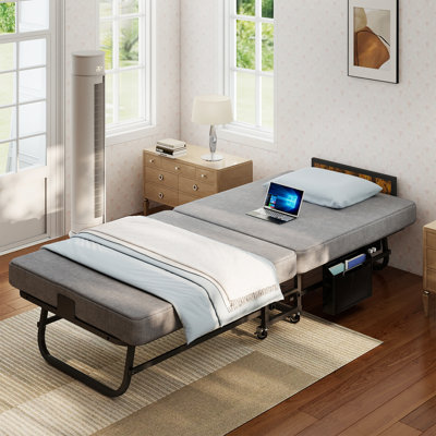 Lit simple pliant avec tête de lit, poches de rangement latérales et station de charge, lit d'invité portable avec matelas en mousse à mémoire de forme de 3 po, escamotable, 75 po x 31 po