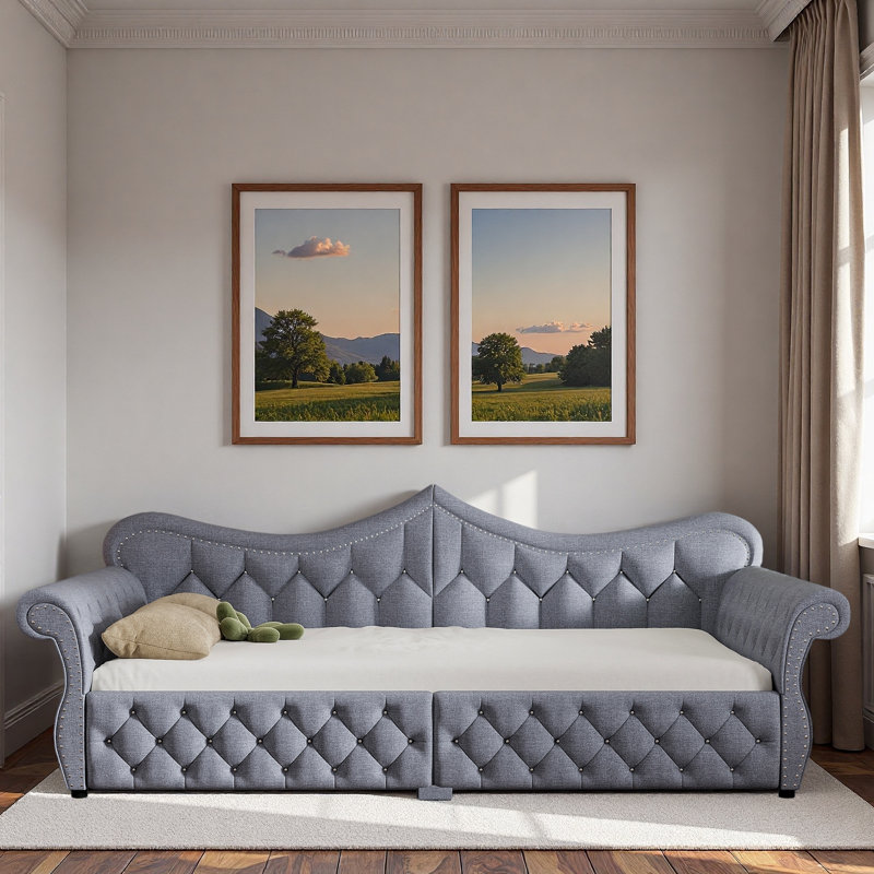 Lit de jour rembourré avec décoration à DEL et tête de clou, Gris