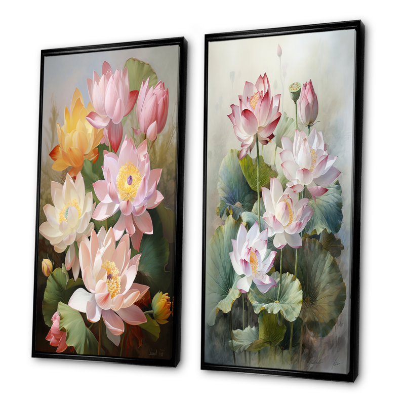 Lotus Exquis Bouquet - lot de 2 impressions sur lotus, Cadre noir, H 28 po x l 25 po