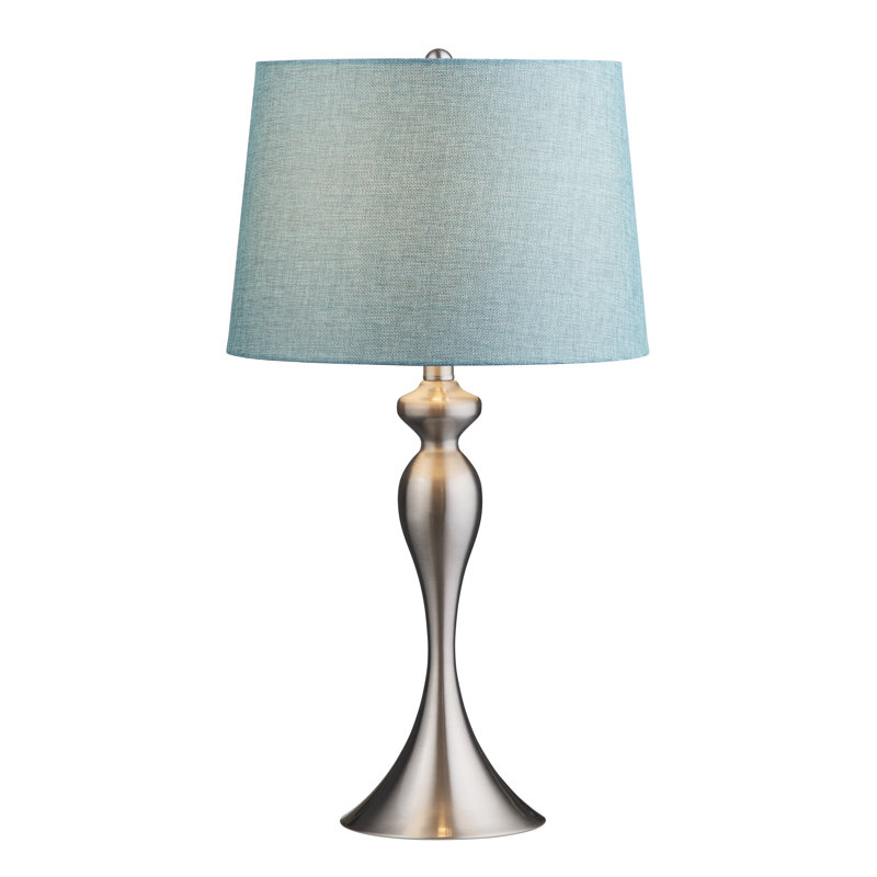 Set Of 2 25.5" Steel Table Lamp W/ Linen Shade, Satin Nickel, Blue