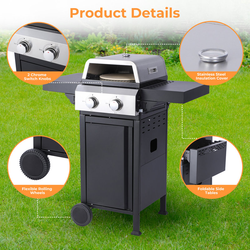 Barbecue au propane à 2 brûleurs avec boîte à pizza | 24 600 BTU | Tables d'appoint pliables et conception portable