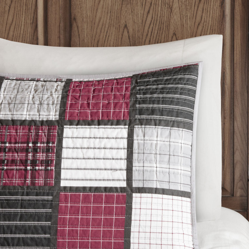 Red and Grey Cotton Plaid Reversible Full Quilt Set