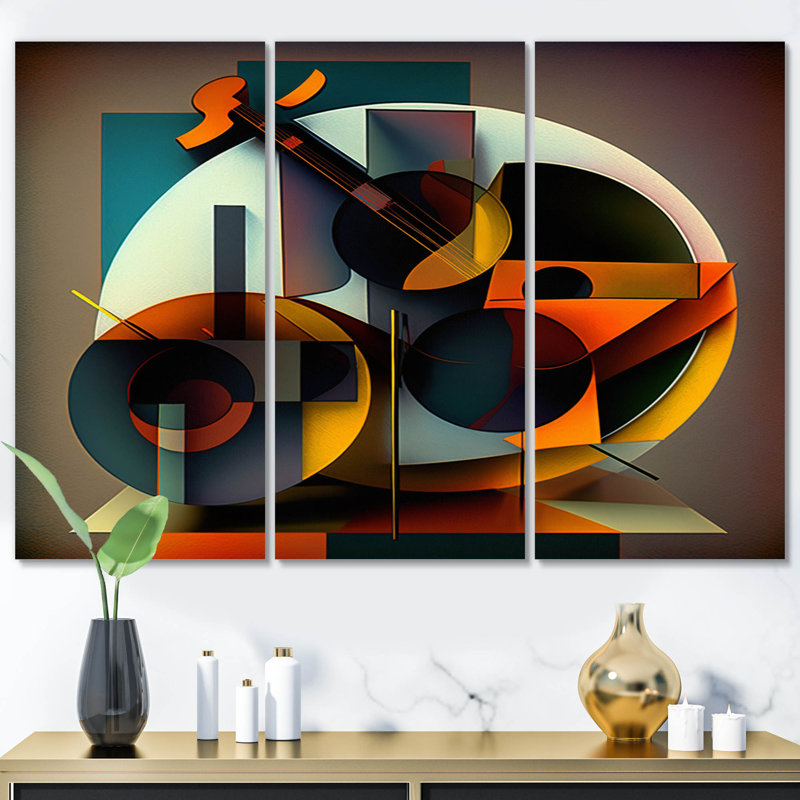Abstrait, guitare rétro, géométrique, symphonie musicale sur toile, 3 pièces, H 32 po x l 48 po x P 1 po