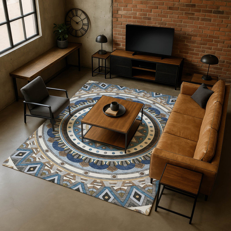 Premium Machine Washable Mayfield Geometric Rug, Denim, 5' x 7'6"
