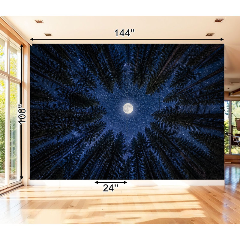 Papier peint adhésif pelez et collez nuit étoilée pleine lune entourée d'arbres, art mural auto-adhésif et amovible