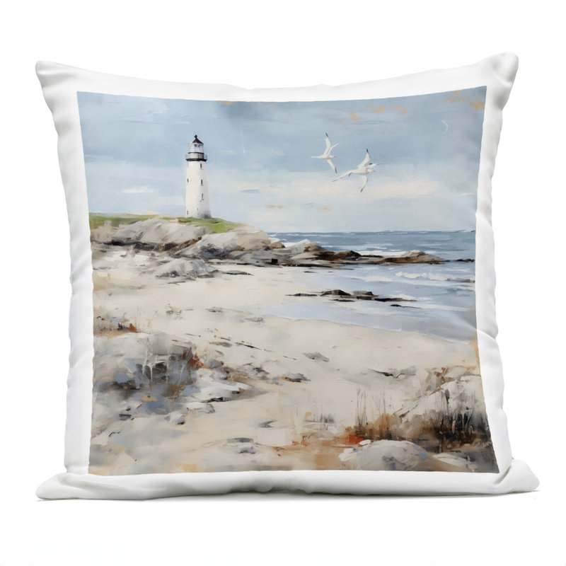 Conception de coussin d'extérieur imprimé phare sur le rivage rocheux par LSR Creative Studio