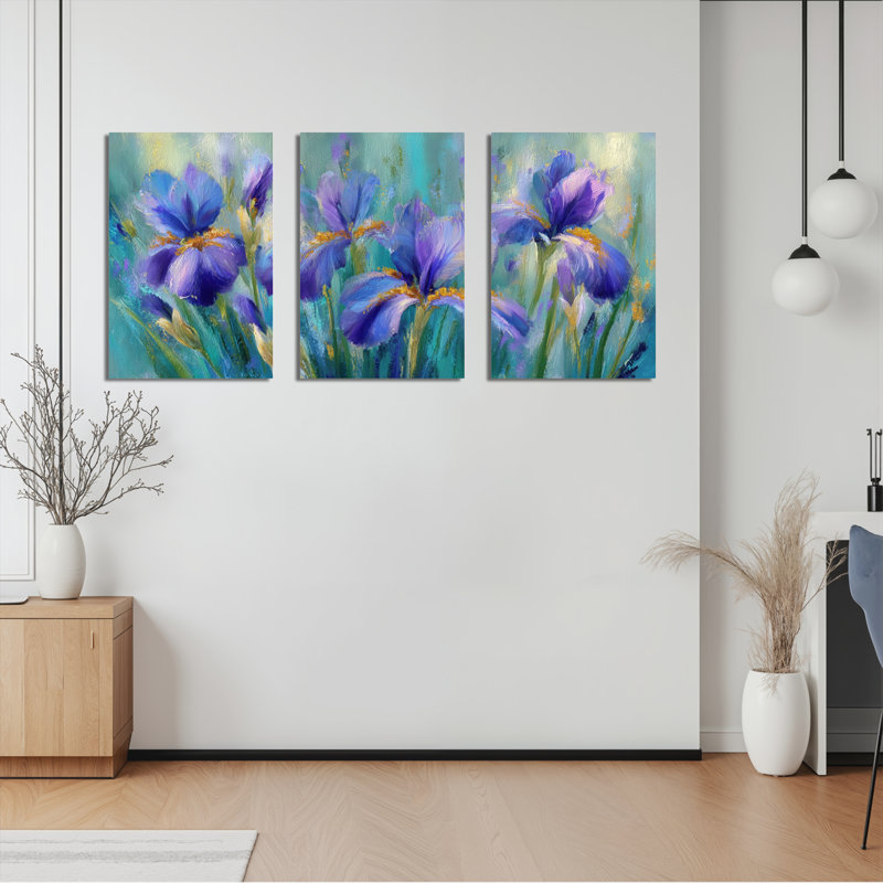 Ensemble de 3 tableaux muraux sur toile à motif floral d'iris violets pour la décoration du salon, H 30 po x l 60 po