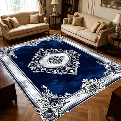 1PC Vintage Silver Filigree Navy Blue area rugs for Living Room, Soft and Comfortable, Suitable for all seasons, easy-to-maintain, machine washable Indoor floor mat, Under Table Farmhouse suitable for dining table, bedroom, kitchen, entryway,