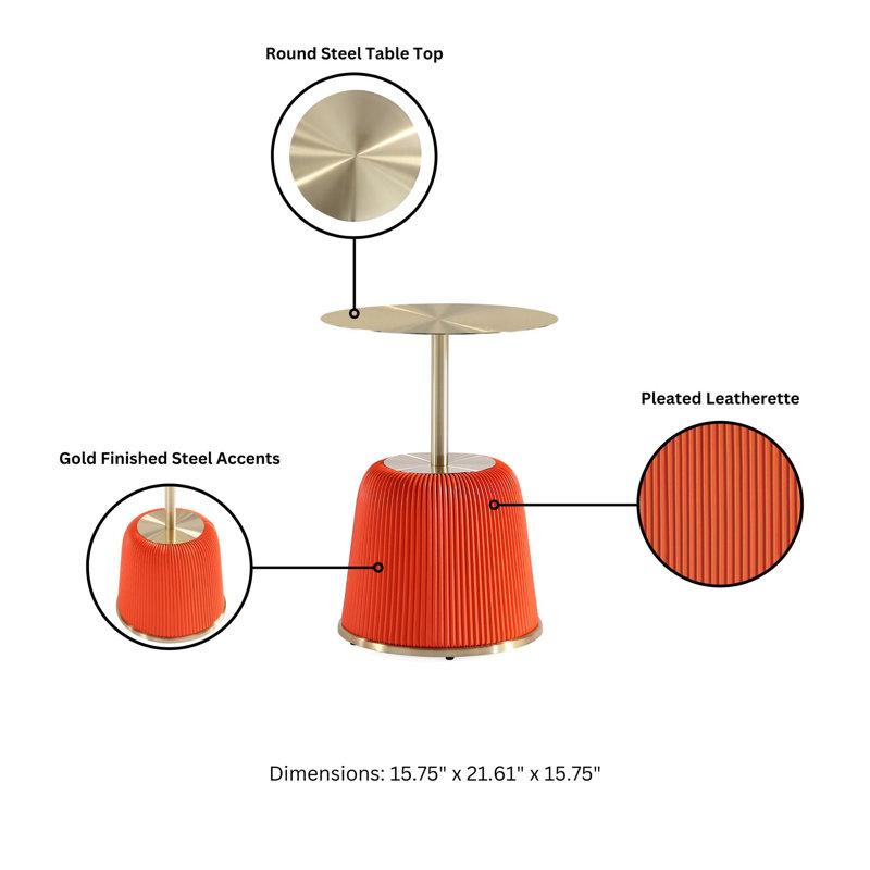Anderson Modern Vegan Leather Upholstered End Table with Stainless Steel Top in Orange, Orange
