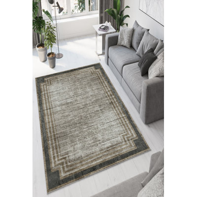Antibacterial Area Rug (3.1 x 4.0 ft), Eco-Friendly Polyester, 650 g/m², Pile Height: 0.2 in | Digital Print in Beige, Mink & Grey | Non-Slip PVC Dot Underside, Machine Washable | Perfect for Living Room & Bedroom Décor