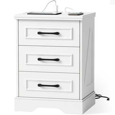 Valera Farmhouse Nightstand With Charging Station, Solid Wood End Table With 3 Large Drawers & Bar Handles