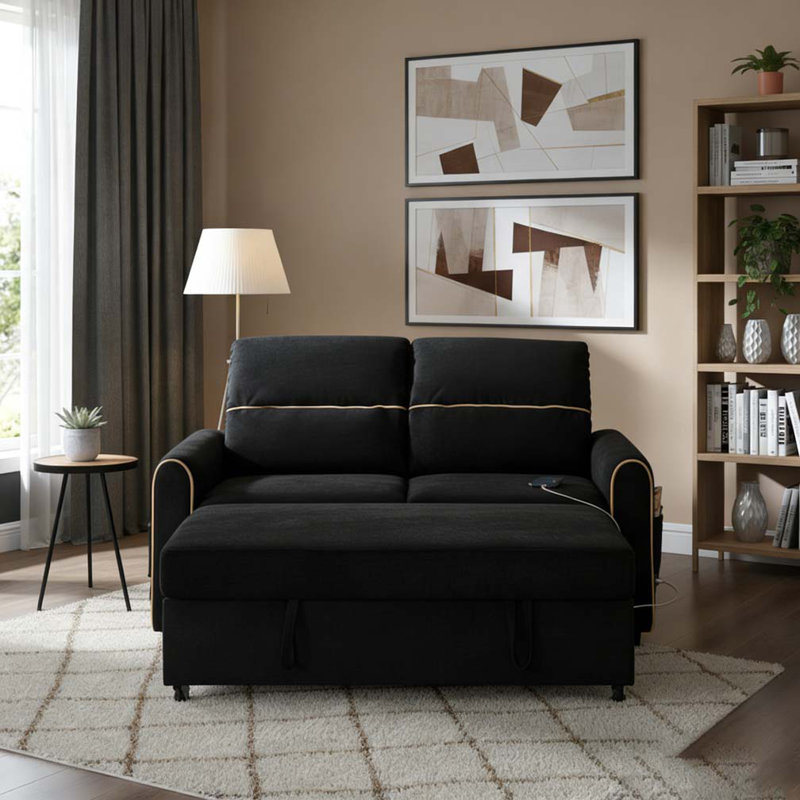 58-inch Chenille Pull Out Sofa Bed, Black