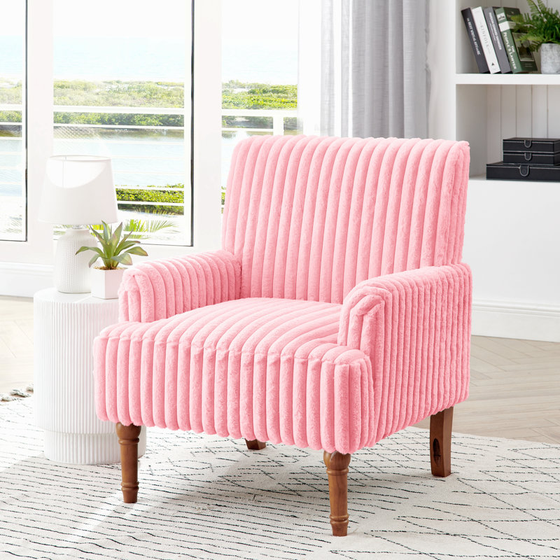 Chaise d'appoint moderne avec velours côtelé large de 3,5 cm de largeur, pieds en bois massif de 9 po et fauteuil rembourré confortable rose pour le salon