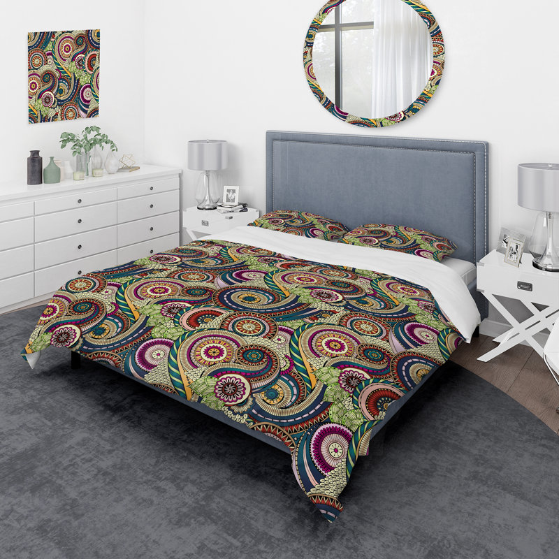 Retro Brown and Blue Flowers IV - Ensemble de housse de couette moderne - Polyester en microfibre
