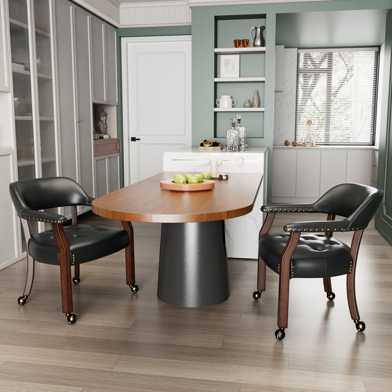 Swivel Tufted Dining Chairs With Casters And Arms, Black, Espresso Wood