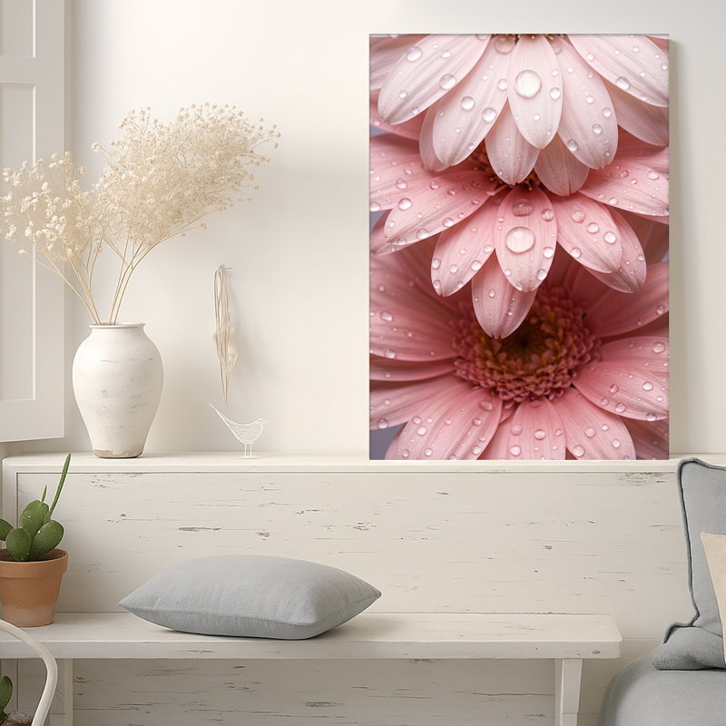 Art mural sur toile, pétales de fleurs roses avec gouttelettes d'eau, 48"H x 32"W