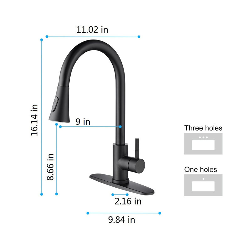 Robinet de cuisine extractible en acier inoxydable noir mat, revêtement antirouille, poignée simple pour le traitement de la corrosion et de l'ajustement de l'eau, gestion