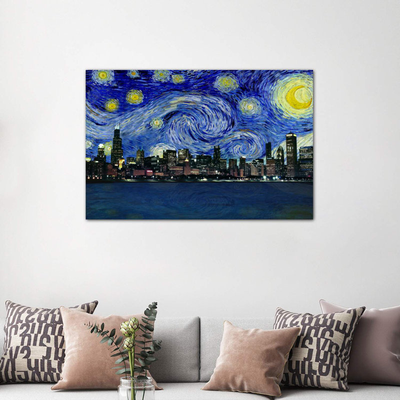 Chicago, Illinois, nuit étoilée, impression d'art graphique, Toile tendue, H 32 po x l 48 po x 1,5 po