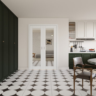 Porte intérieure à un battant avec miroir, âme pleine, porte française en MDF certifiée CARB P2, quincaillerie en nickel satiné incluse (loquets à bille, charnières et poignées), préfinie et imperméable, pour garde-manger, chambre, salle de bain et placard, teinture facile à appliquer soi-même, sans cadre, 122 cm x 203 cm